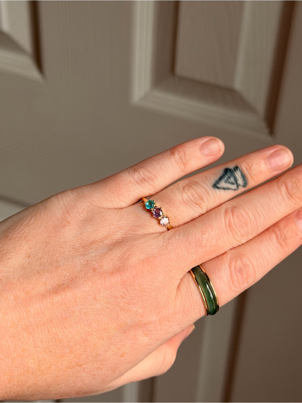 Gold Multi-Stone Stackable Ring - Green, Purple, Pink open back adjustable size